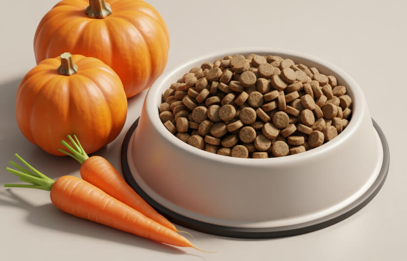 Миска с кормом, рядом тыква и морковь — символ правильного питания